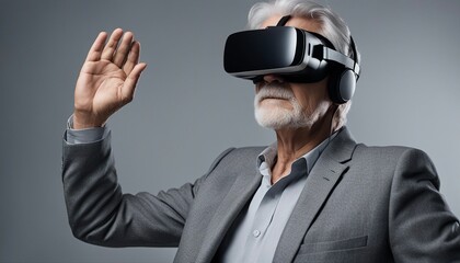 portrait of a grey-haired old man wearing virtual reality glasses, isolated grey background
