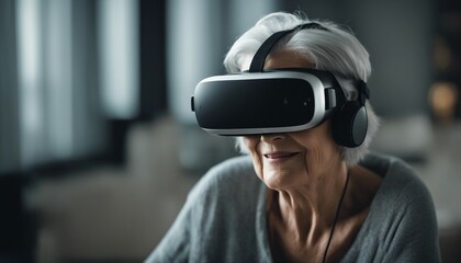 portrait of a grey-haired old woman wearing virtual reality glasses in a technological room
