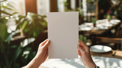 Female hands with blank menu on blurred cafe interior