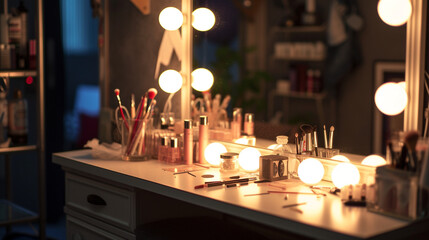 superstar style dressing room backstage. mirror, yellow bulb and make up brush on the dressing table.