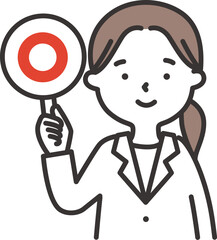 白衣を着た女性がまるの札を出すイラスト