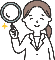 白衣を着た女性が虫眼鏡を持っているイラスト