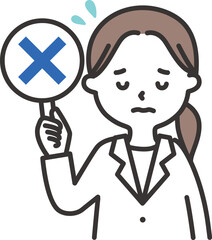 白衣を着た女性がばつの札を出すイラスト