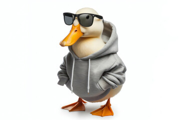 Obraz premium duck bird dressed in a sweatshirt and sunglasses, isolated on white background. ai generative