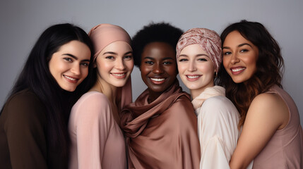 Fototapeta premium Five happy women of different races pose together in the studio on a gray background. Multiethnic group of diverse women