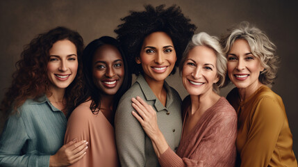 Obraz premium Five happy women of different races and ages pose together in the studio on a brown background. Multiethnic group of diverse women