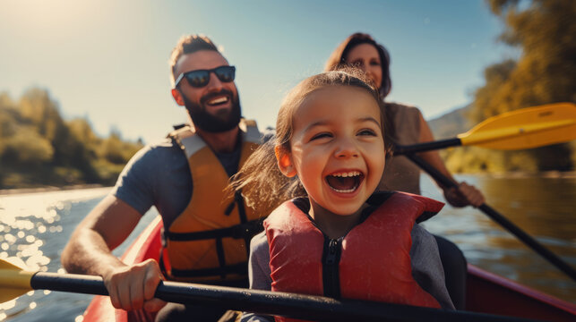 Family kayaking on a calm river,  sharing laughter and adventure