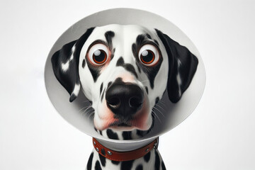 surprised dalmatian dog with bulging big eyes a dog in veterinary protective collar on white background. ai generative