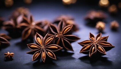 Anise Star Display, several star anise pods artistically arranged, their unique shape and dark color