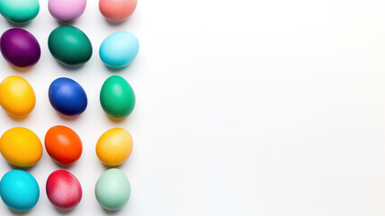 Colorful Easter eggs isolated on white background. Chocolate glazed eggs. Top view. Three rows of colorful eggs on white with space for text. For postcards, covers, doughs, games.