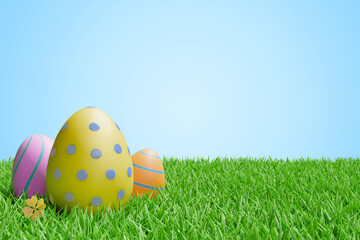 Easter eggs on a meadow in the grass. 3d rendering