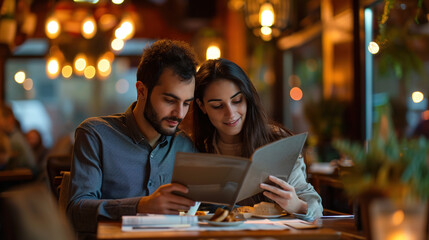 Couple reading a menu in a restaurant or cafe. Young people spend their leisure time together - obrazy, fototapety, plakaty