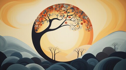 A surreal and whimsical landscape composition with a circle is represented in a painting containing a tree and a moon.