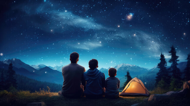 Family camping under the stars,  with children exploring the night sky using binoculars