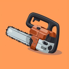  Flat image of a chainsaw on an orange background. Simple vector image of a chainsaw. Digital illustration