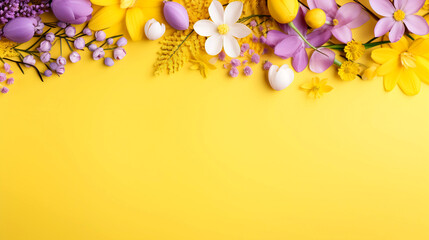 Spring lilac and yellow flowers on a yellow background with space for text. Spring flowers on yellow background with space for text, Pantone colors 2024, flat lay, top view, studio shot.