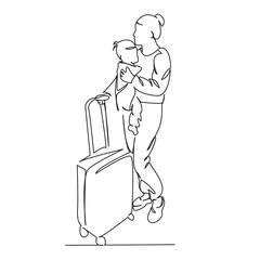 mother with a child in her arms and a suitcase