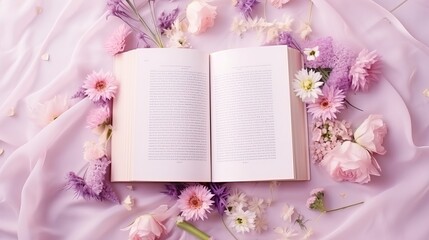 A view from above of a book that is open and filled with beautiful flowers.