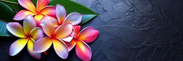 Colorful plumerias on wood background with copy space. Fresh colorful flowers