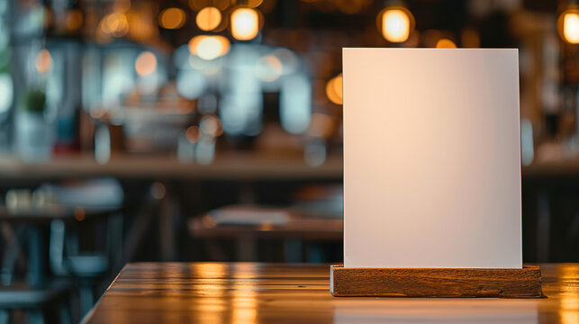Mock up Table tent menu card on blurred cafe bar background
