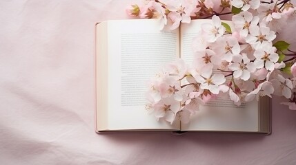 A view from above of a book that is open and filled with beautiful flowers.