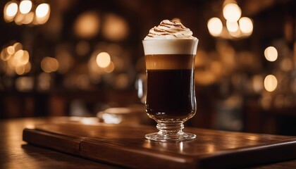 Creamy Irish Coffee, a classic Irish coffee with a creamy top, set in a traditional pub setting