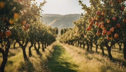 Elegant Orchard Getaway, an elegant resort set in a fragrant fruit orchard, providing a serene - obrazy, fototapety, plakaty