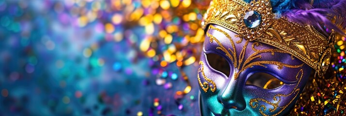 Mardi Gras mask and beads with bokeh background for carnival