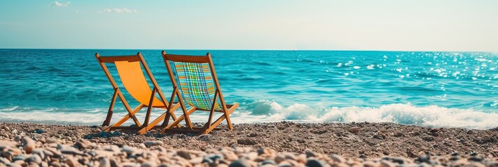 Beach chairs on the sandy ocean shore. Summer vacation and spring break beach concept