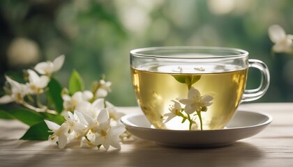 Floral Jasmine Tea, a glass cup of jasmine tea with floating petals, set against a light floral