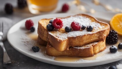 French Toast Delicacy, golden French toast with a dusting of powdered sugar and fruit