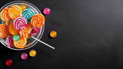 A view of lollipops on a black table at the top.