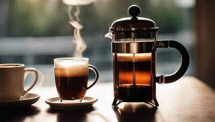 French Press Elegance, a full French press beside a cup of freshly brewed coffee, the light casting