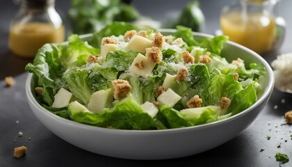 Fresh Caesar Salad, a classic Caesar salad with crisp romaine and parmesan shavings - obrazy, fototapety, plakaty