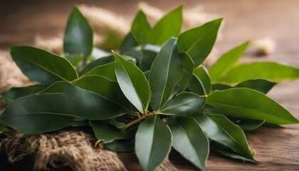 Fresh Bay Leaves, bay leaves spread out, their glossy green surface and herbal essence captured