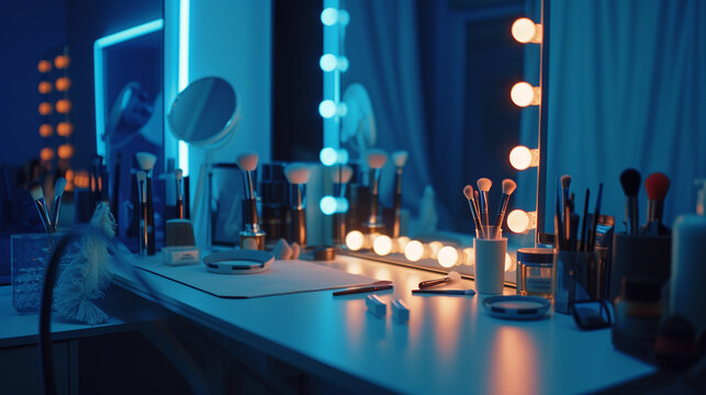 superstar style dressing room backstage. mirror, yellow bulb and make up brush on the dressing table.