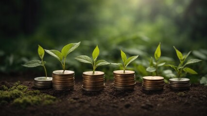 Coins stacked on dirt with plants