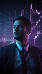 portrait of man in business suit totally surrounded by financial charts
