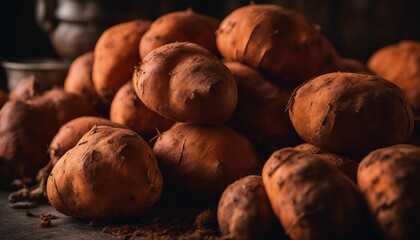 Freshly Dug Yams, a pile of earthy yams with their rough, textured skin, lit to highlight