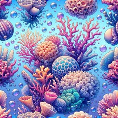 Fototapeta na wymiar Seamless background with corals and bubbles on a blue background