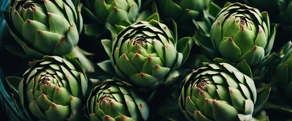 Fototapeta premium Freshly Picked Artichokes, whole artichokes with their unique green hues and patterns