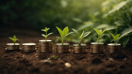 Coins stacked on dirt with plants