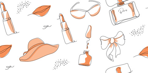 Elegant one  line seamless background with trendy elements. glasses, hat, lips, dot in a minimalist style. Fashion illustration for print, paper. cosmetics, banner.  line art. vector. peach fuzz
