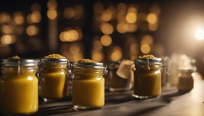  Gourmet Mustard Pots, small artisanal jars of grainy mustard, the overhead light casting elegant
