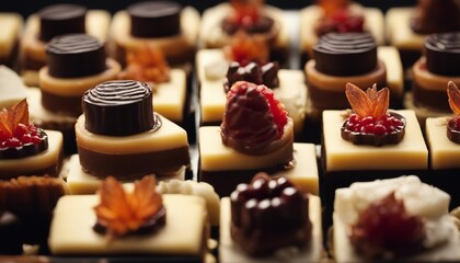 Gourmet Petit Fours Selection, a selection of gourmet petit fours, displayed in a manner  - obrazy, fototapety, plakaty