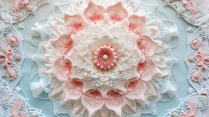 An elegant mandala made from delicate lace and intricate embroidery, in pastel shades