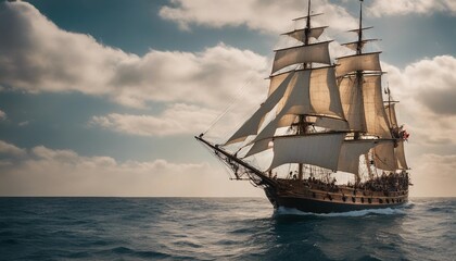 Fototapeta premium Historical Tall Ship, a majestic tall ship with its sails fully opened, set against a backdrop