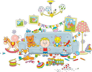 Funny little boy going to clear his room after fun and noisy games with friends and toys while parents are at work, vector cartoon illustration isolated on a white background