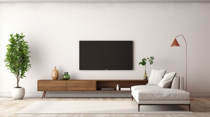 essence of a white color wall background in a minimal living room with a TV cabinet-a chic image representing contemporary style, clean space, and the elegance of modern design