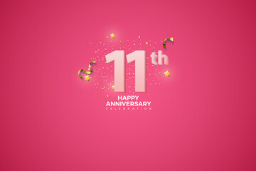 11th, 11th Anniversary celebration, 11 Anniversary celebration in Pink BG, stars, glitters and ribbons, festive illustration, white number 11 sparkling confetti, 11,12